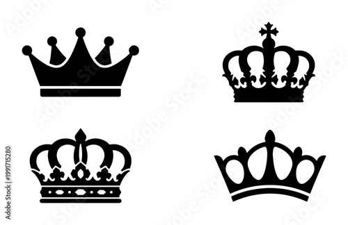 Royal crown silhouette collection, set of 4 black imperial tiara icons, majestic king and queen headwear symbols, vintage heraldic vector elements