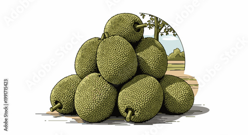 A cluster of spiky green fruits piled high with a leafy tree and rolling hills in the background