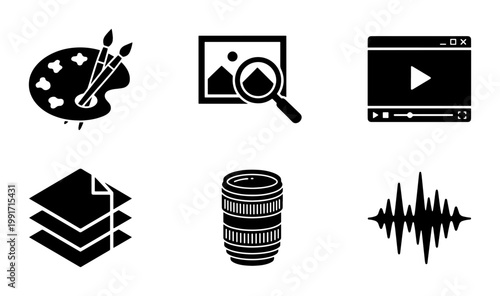 Multimedia creative icons set, digital content production symbols, black solid vector graphics for video editing and graphic design software