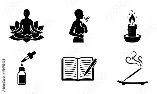 Mindfulness and meditation icon set, 6 black vector symbols for wellness and mental health, zen yoga and aromatherapy icons for self care