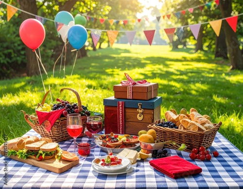 Picnic setup with food and decorations in a sunny park
