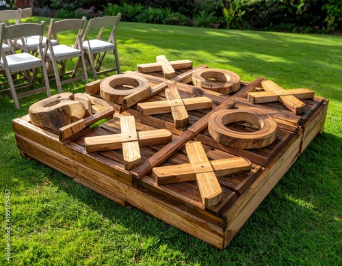 Wooden Tic-Tac-Toe set outdoors, with chairs