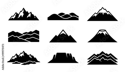 Minimalist mountain icons set, black silhouette mountain peaks and ridges, 9 vector landscape elements for outdoor adventure logos and travel branding