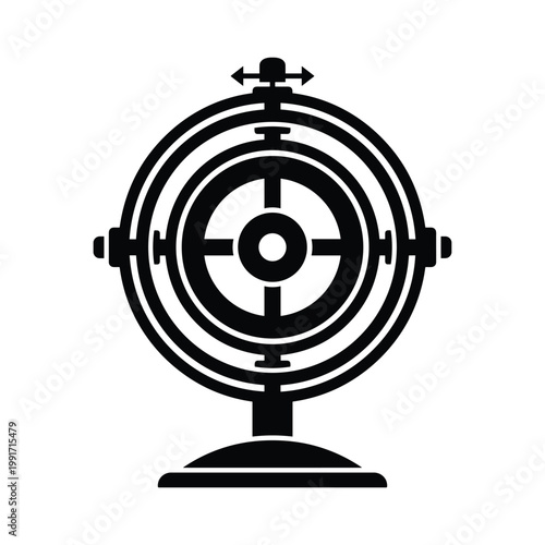 Black silhouette of a gyroscope or orrery model with adjustable arms on a white background