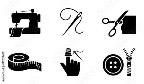 Sewing and tailoring icon set, black silhouette dressmaking symbols, 6 professional garment industry vector elements for fashion design