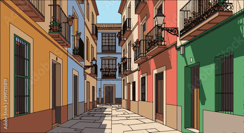 A charming, sun-drenched alleyway lined with colorful, ornate buildings under a clear blue sky