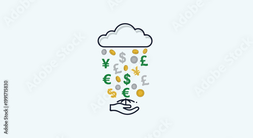 A cloud rains various currency symbols and coins into an outstretched hand below