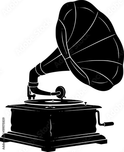 Black silhouette of a vintage gramophone on a isolated on white background
