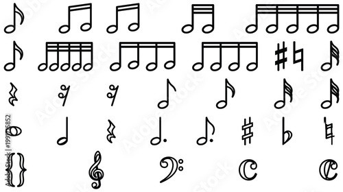 Collection of black and white musical notes symbols and rests.
