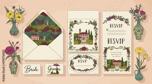 Wedding invitation stationery set with handdrawn villa landscape, floral frames, and vases with flowers