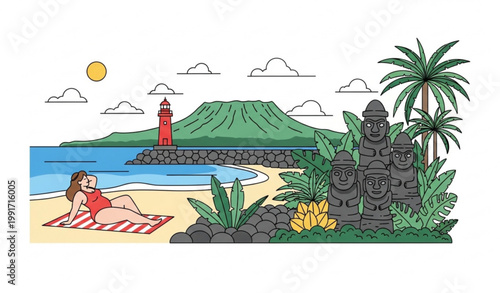 Jeju Island postcard vector with Hallasan mountain lighthouse stone statues and beach woman travel illustration