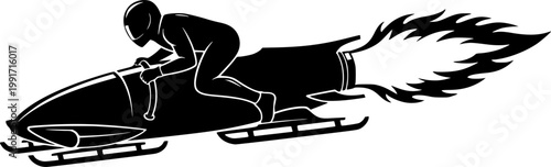Black silhouette of a speed racer on a rocket-powered bobsled with flames, depicting extreme winter sport or fast isolated on white background

