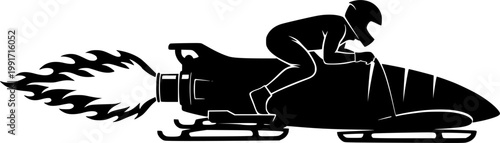 Black silhouette of a speed racer on a rocket-powered bobsled with flames, depicting extreme winter sport or fast isolated on white background
