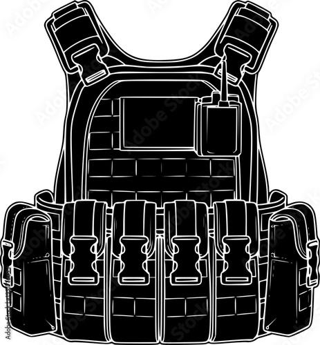 Black tactical bulletproof vest silhouette with white outline isolated on white background
