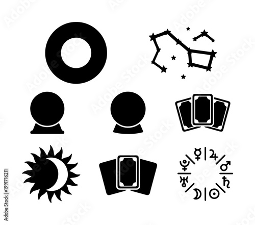 Mystical astrology icon set with tarot cards and crystal balls, celestial zodiac symbols and constellations, black silhouette occult vector elements