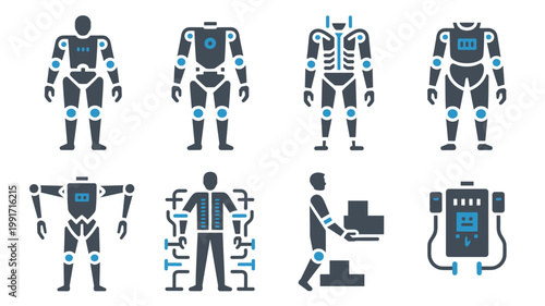 Technical robotic exoskeleton icon sheet - Ideal for bio-mechanical engineering, warehouse automation UI, or wearable tech marketing.