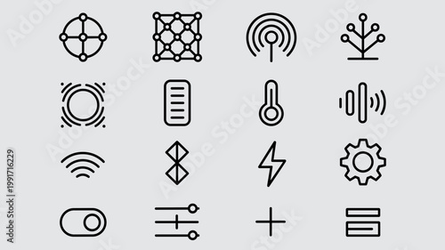 Smart lighting mesh network and sensor icons - Perfect for IoT home automation, smart city planning, or lighting control interfaces.