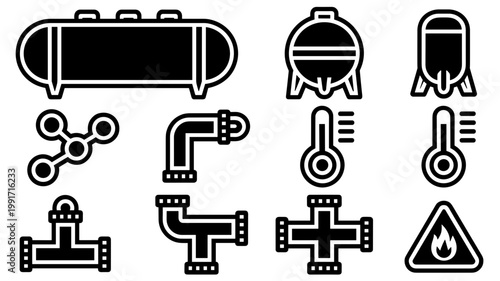 Cryogenic tank and liquid hydrogen vector set - Ideal for sustainable aviation fuel research, energy storage UI, or technical manuals.