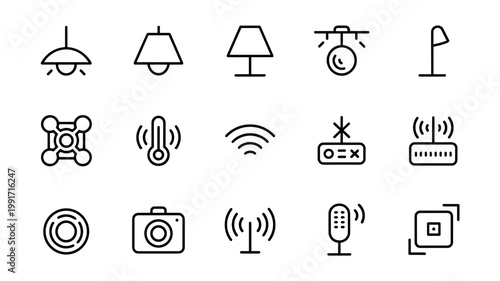 Thin line smart lighting and sensor icons - Suitable for interior design tech, electrical engineering diagrams, or building automation.