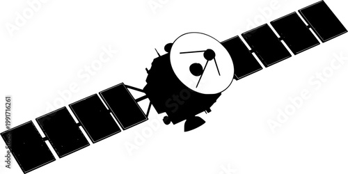 Black silhouette satellite spacecraft with solar panels and dish antenna isolated on white background
