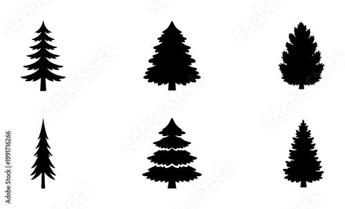 Minimalist pine tree silhouettes, set of 6 evergreen conifer icons. Black forest fir and spruce vector shapes. Winter nature elements for outdoor branding.