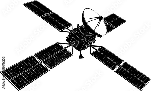 Black silhouette satellite spacecraft with solar panels and dish antenna isolated on white background
