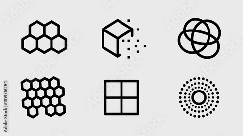 Geometric programmable matter and modularity icons - Suitable for advanced physics education, smart material tech, or digital interfaces.