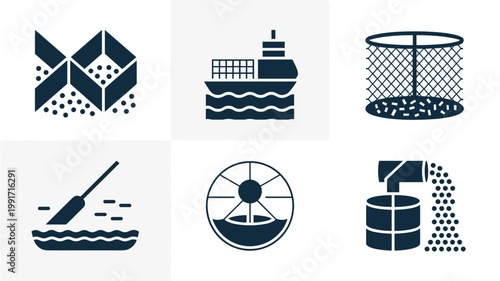 Technical ocean cleanup and recycling icon set - Great for waste management manuals, circular economy news, or marine engineering.