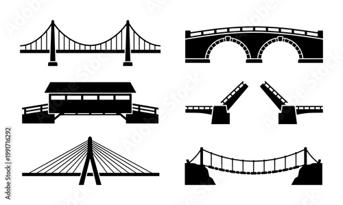 Black bridge icons set, 6 vector bridge silhouettes including suspension and arch designs, architectural bridge symbols for maps and infographics