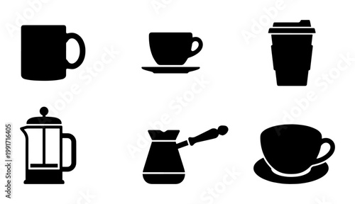 Minimalist coffee icons set, black silhouette coffee cup and mug vector collection, french press and cezve symbols for cafe menu branding