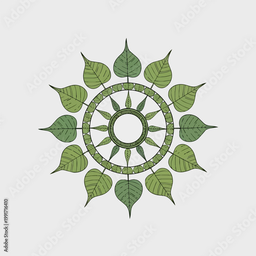 Circular mandala design with green bodhi leaves arranged around a central dharma wheel symbol