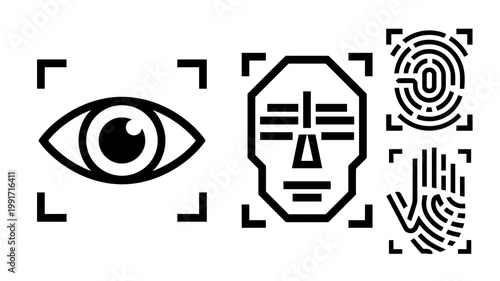 Technical biometric scanner and profile icons - Suitable for aerospace security, fingerprint/iris tech reviews, or surveillance UI.
