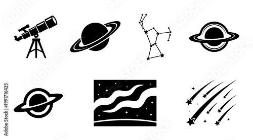 Astronomy and space exploration icons set, black celestial vector symbols, telescope and planet graphics for science education and cosmic design