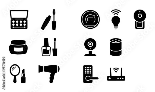 Minimalist black icons set of beauty products and smart home devices, cosmetic makeup symbols and electronic technology vector elements