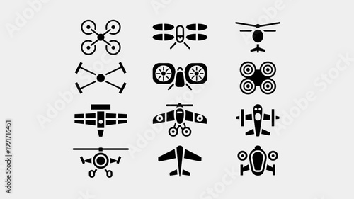 Minimalist VTOL and helicopter icon sheet - Great for aircraft identification posters, future transport blogs, or aviation infographics.