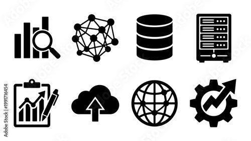 Data analytics and cloud computing icon set, 8 black flat vector symbols for business intelligence, network server and database storage graphics