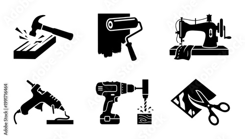 Handyman and craft tools icon set, black silhouette hardware equipment vectors, DIY home renovation and workshop repair tool collection