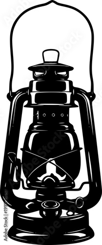 Black silhouette of a vintage kerosene lantern with handle isolated on white background
