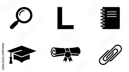 Education and school icon set, black minimalist academic symbols including graduation cap and diploma, 6 vector office and study elements
