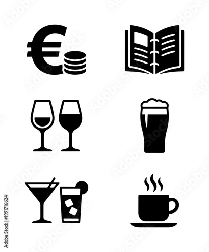 Minimalist restaurant icons set, black beverage and menu vector symbols, euro currency and drink signs for cafe branding and bar signage