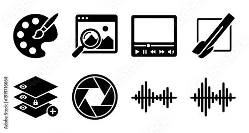 Multimedia design icons set, creative software interface symbols, digital art and video editing vector elements for graphic designers