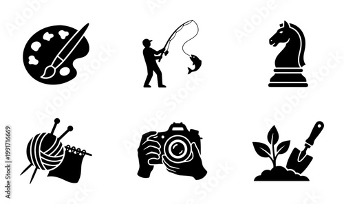 Minimalist hobby icons set of 6 black silhouettes, leisure activity symbols for painting fishing and chess, creative lifestyle vector graphics