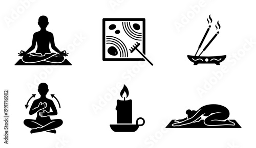Zen meditation and yoga icons set, black silhouette wellness symbols including incense and candle, 6 vector elements for spa and mindfulness