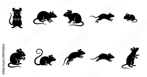 Black mouse silhouette collection, set of 10 rodent vector icons in various poses, minimalist rat silhouettes for pest control and wildlife design