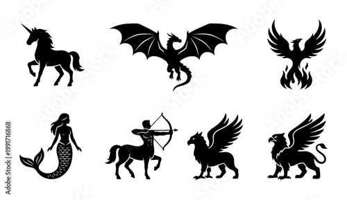 Mythical creatures silhouette set, 7 fantasy monster icons including dragon and unicorn, black heraldic beast vector collection for logo design