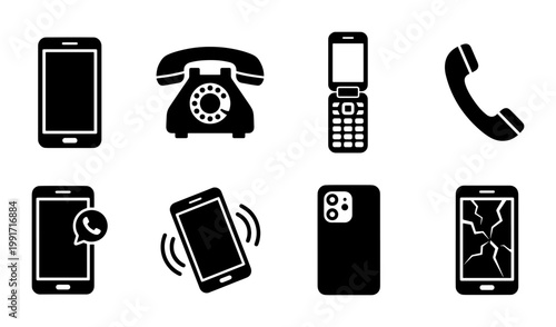 Minimalist phone icon set, black silhouette mobile devices and vintage rotary telephone, 8 vector communication symbols for app interface design