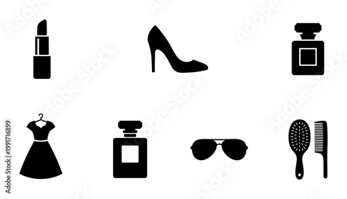 Minimalist fashion icons set, black silhouette beauty and lifestyle symbols, vector collection of 7 feminine accessories for web design and branding