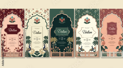 Set of luxury wedding invitation templates with traditional indian arch frames, floral patterns, and peacock illustrations