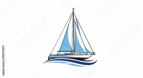 A blue sailboat with white sails glides on wavy blue water, depicted with simple lines