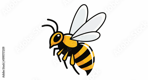 A cartoon bee with yellow and black stripes and translucent wings is depicted flying